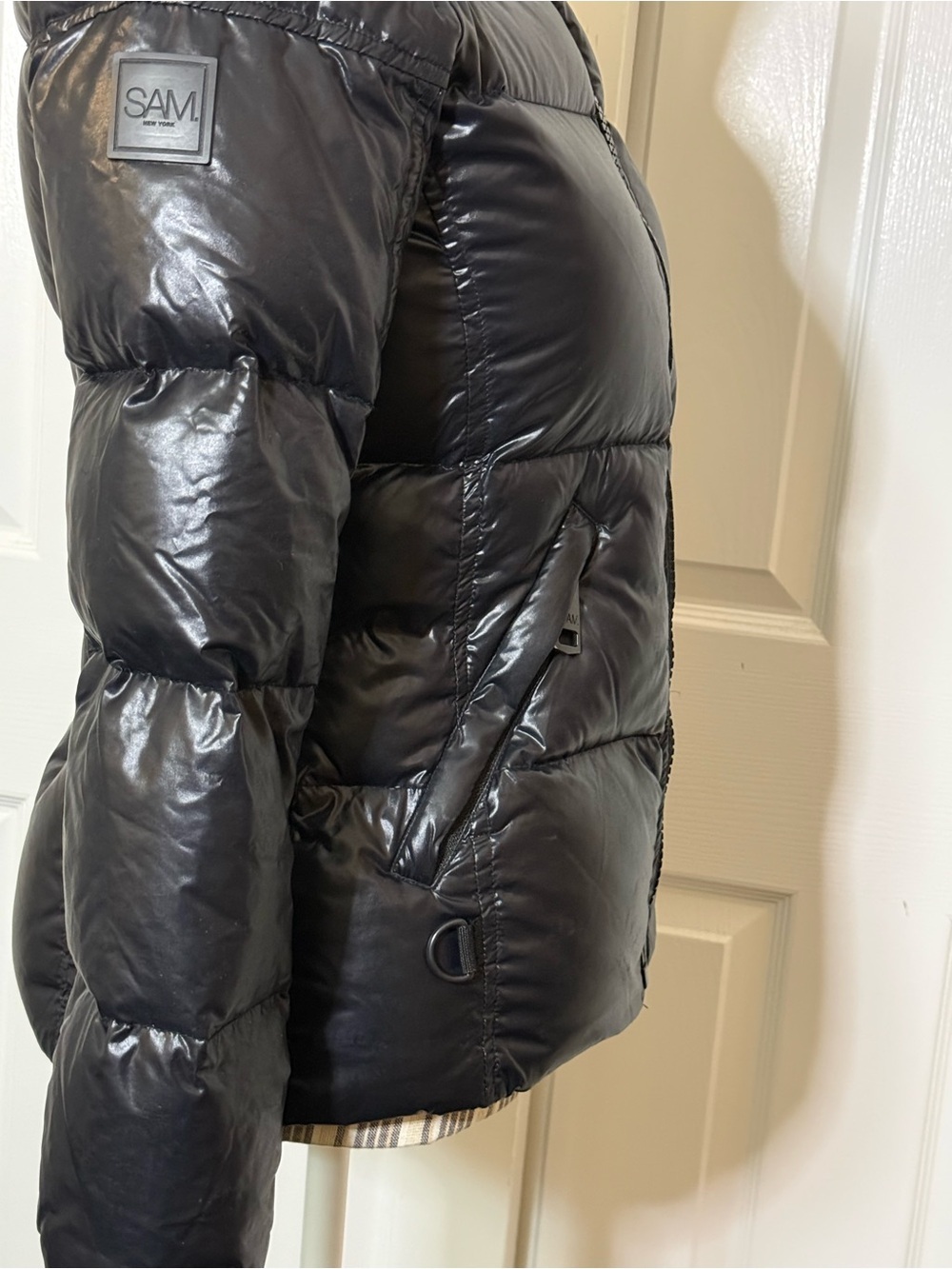 SAM. New York Black Glossy Goose Down Puffer Jacket XS Thumbhole Cuffs - Picture 10 of 14